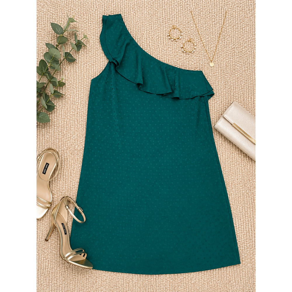 LOFT GREEN POLKA DOT ONE SHOULDER RUFFLE SHIFT DRESS SIZE: M NWT